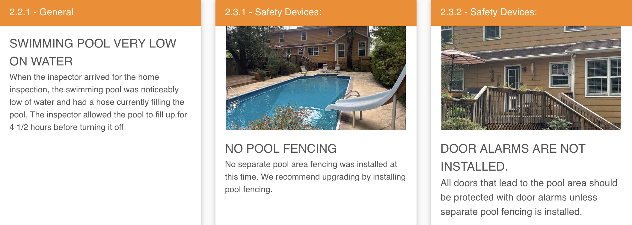 Real pool inspection findings in Alabama and Georgia: swimming pool low on water, no pool fencing installed, and missing door alarms