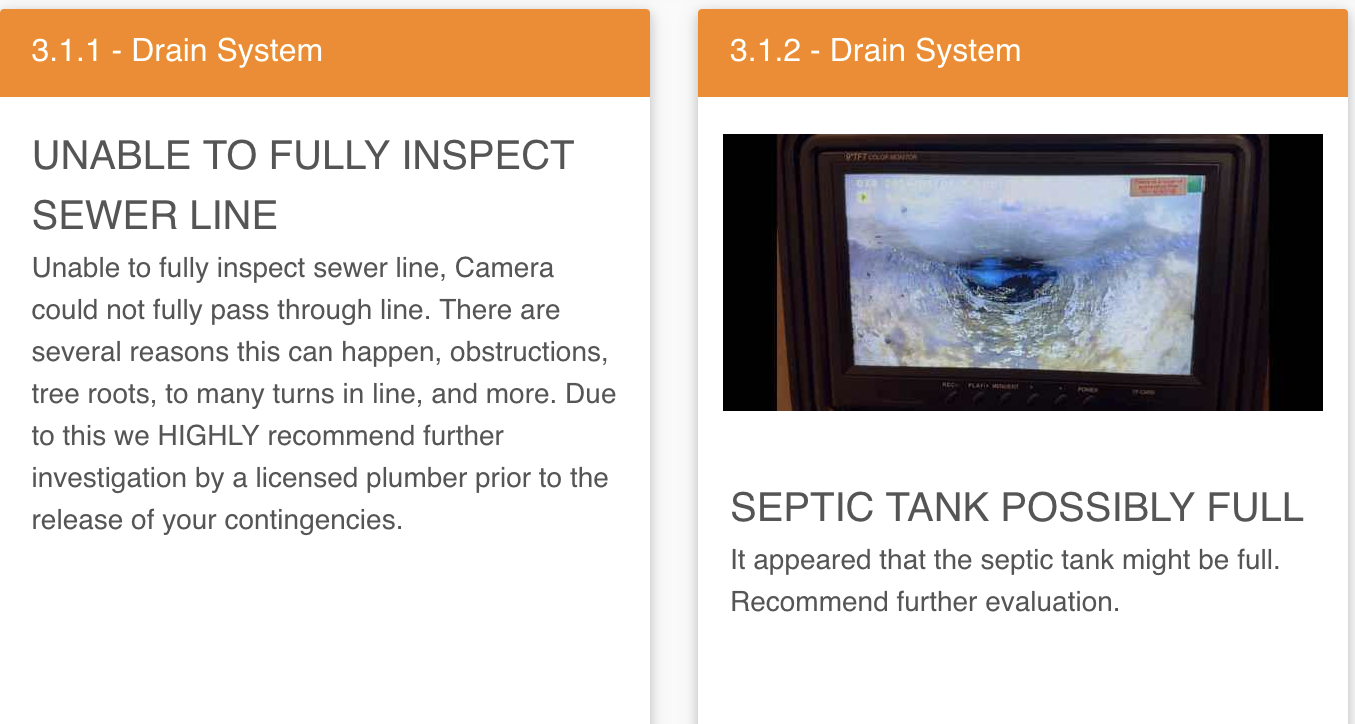 unable to fully inspect sewer line because septic tank was full