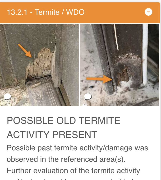 Home inspection report showing termite damage findings, the kind taught in Alabama real estate CE classes